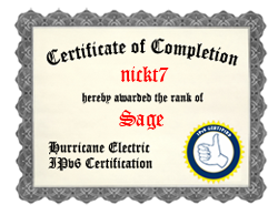 My HE IPv6 certification certificate!